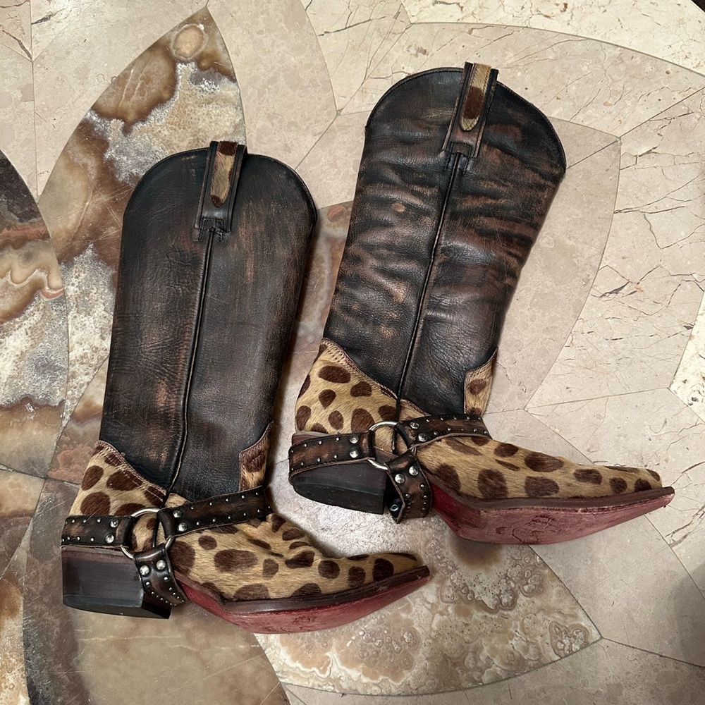 Freebird by Steven Lusitano leopard calf hair harness western boot